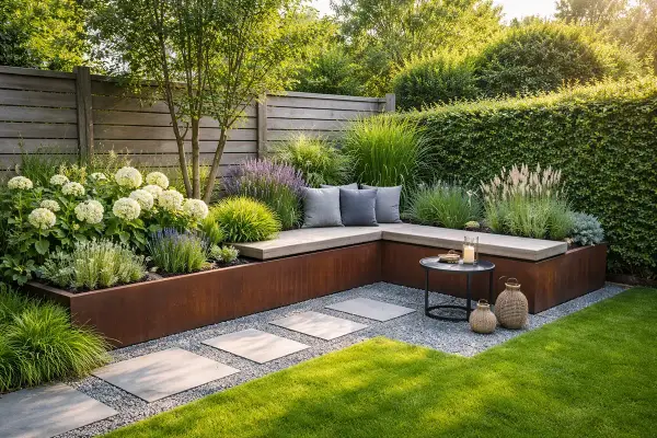 Eine tote Ecke im Garten gestalten: Eine L-förmige Holzbank mit Kissen, umgeben von Gräsern, Hortensien und Lavendel, schafft eine gemütliche Sitzecke.